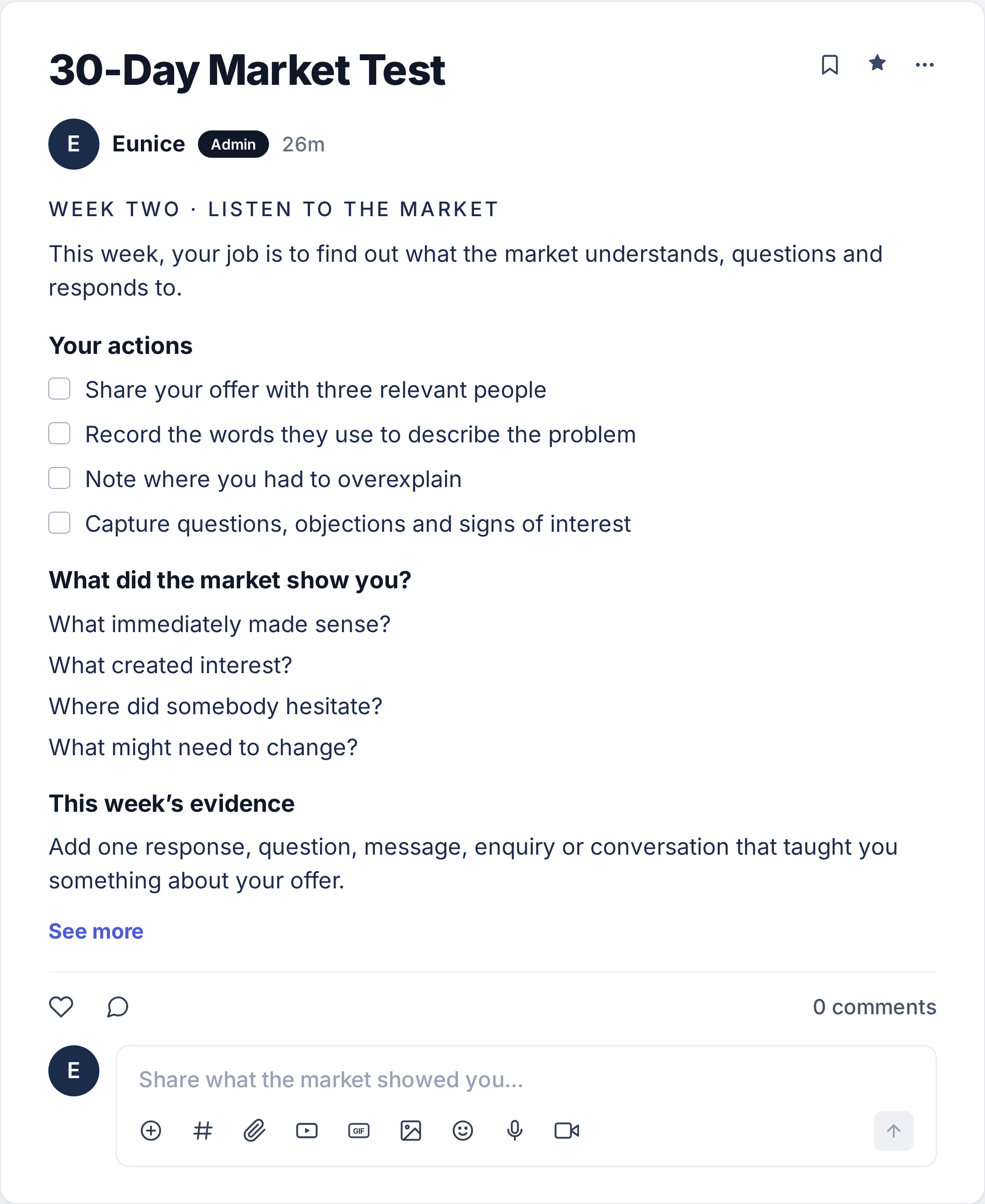Preview of the 30-Day Market Test post inside the private Circle programme workspace